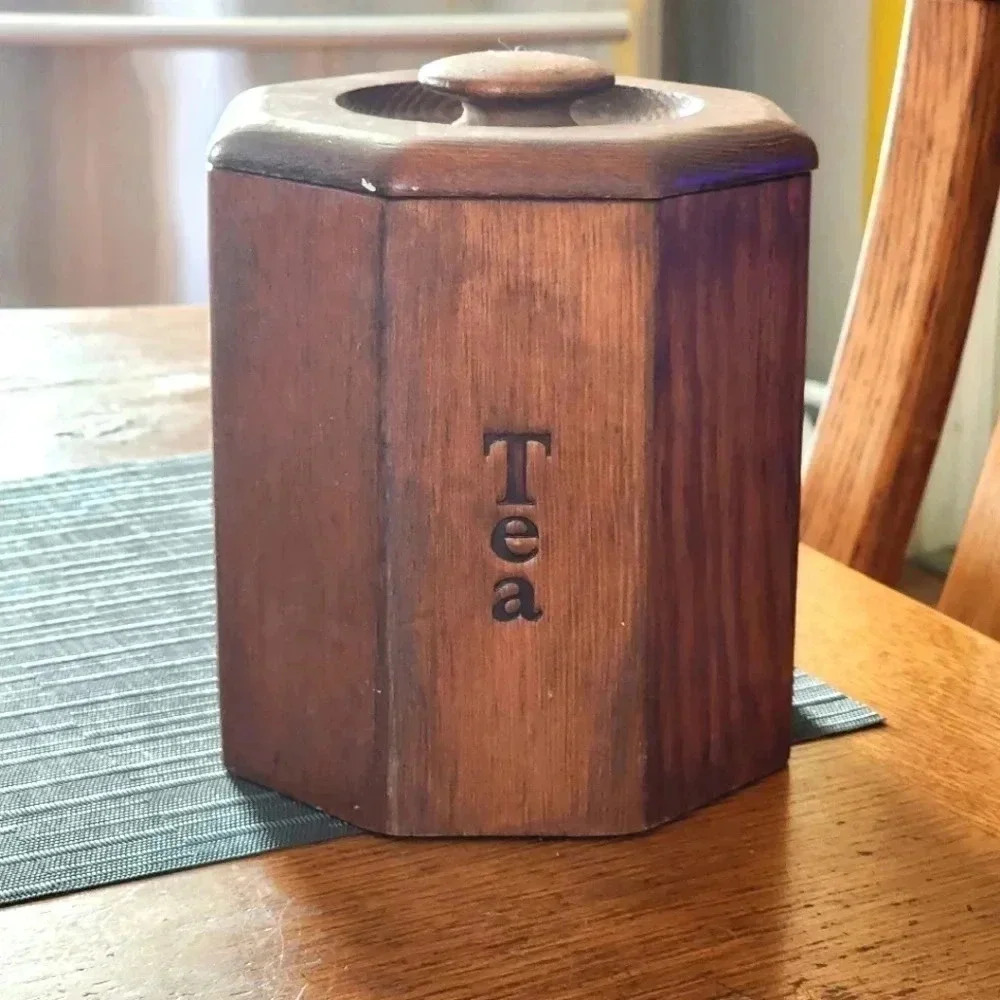 Vtg MCM Wooden Kitchen 1 of 4 Canister Kitchen Food Storage Teak Octagon